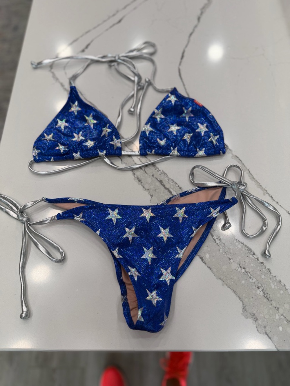 Blue Star Print Triangle Bikini - Classic Women's Swim Set - Picture 3 of 7
